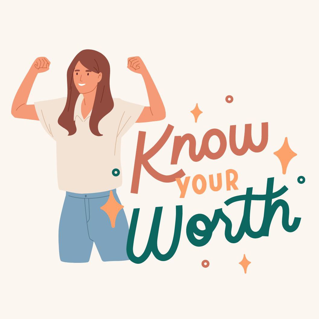 Frau zeigt Stärke mit Schrifttzug "know your worth"