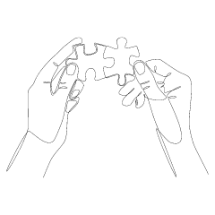 Line Art Illustration von zwei Händen, die zwei Puzzleteile zusammenfügen