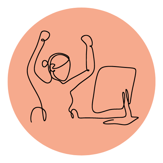 Line Art Illustration einer motivierten Frau vor dem PC auf rosa Kreis