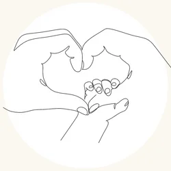 Newsletter Job Crafting Icon Hände die ein Herz formen und eine kleine Hand die den Daumen festhält als Symbol für Vereinbarkeit von Beruf und Familie