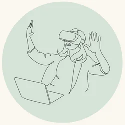 Newsletter Trends Line Art Illustration einer Frau form Laptop mit VR Brille auf